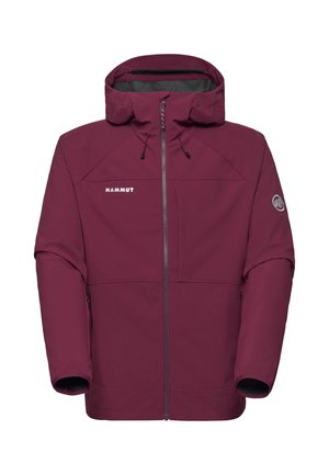 Veste de plein air à capuche maroon avec fermeture éclair à l'avant, cordons de serrage réglables, logo Mammut sur la poitrine et la manche, conçue pour les temps froids.
