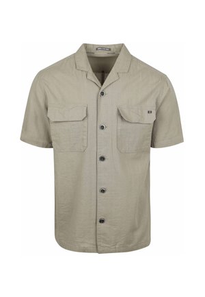 Korte mouwen overhemd van lichtgewicht beige stof, met twee vo pockets, zwarte knopen en een kraagontwerp.