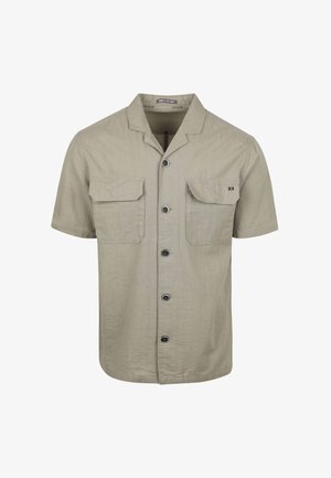 Korte mouwen overhemd van lichtgewicht beige stof, met twee vo pockets, zwarte knopen en een kraagontwerp.