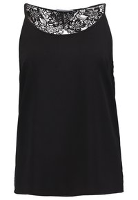 Czarna bezrękawnikowa bluzka z koronkowym wykończeniem dekoltu. Gładka tekstura, luźny krój i okrągłe wykończenie u dołu. Koronka ma kwiatowy wzór i kontrastowe brzegi.
