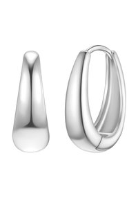 Pendientes de aro de plata con un acabado pulido, curvas suaves y un cierre articulado para facilitar su uso. El diseño enfatiza la simplicidad elegante.