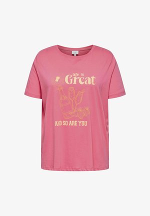 Roze katoenen T-shirt met een relaxed fit, voorzien van gouden tekst en illustraties van champagneflessen en aardbeien op de voorkant.