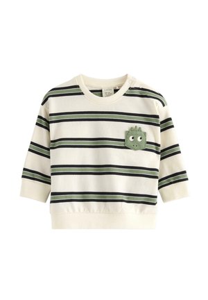 Creme- og grønstribet babysweater med lange ærmer og en grøn lomme med to øjne og stofpigs.