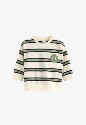 Creme- og grønstribet babysweater med lange ærmer og en grøn lomme med to øjne og stofpigs.