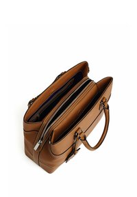 Borsa in pelle marrone con una forma strutturata, due scomparti con zip e un interno a contrasto. Presenta minuteria metallica e dettagli cuciti.