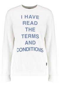 Weißer Sweatshirt mit langen Ärmeln, versehen mit kräftigem blauen Text, der "ICH HABE DIE BEDINGUNGEN GELESEN" lautet. Standard Rundhalsausschnitt.