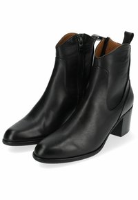 Botines de cuero negro hasta el tobillo con punta afilada, tacón bajo, cierre de cremallera lateral y textura lisa. Forro en contraste visible en el interior.