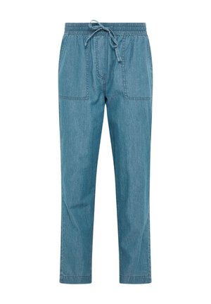 Pantalones jogger de mezclilla azul con cinturilla elástica, cordón ajustable y bolsillos parche frontales, mostrados sobre fondo blanco.