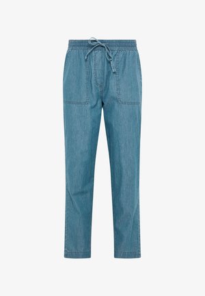 Pantalones jogger de mezclilla azul con cinturilla elástica, cordón ajustable y bolsillos parche frontales, mostrados sobre fondo blanco.