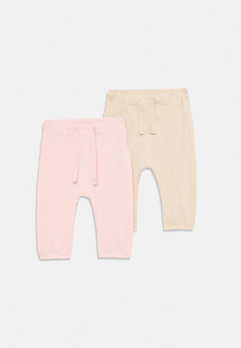 Two pairs of toddler pants: one pink, one beige. Both have an elastic waistband with a drawstring and a soft, ribbed texture.