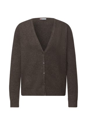 Braune Strickjacke mit V-Ausschnitt, langen Ärmeln und Knopfverschluss. Mit gerippten Bündchen und Saum, die ein strukturiertes Aussehen verleihen.