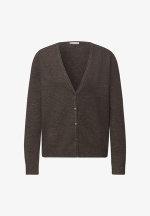 Bruine gebreide vest met een V-hals, lange mouwen en knoopsluiting. Heeft geribbelde manchetten en zoom, wat zorgt voor een gestructureerde uitstraling.