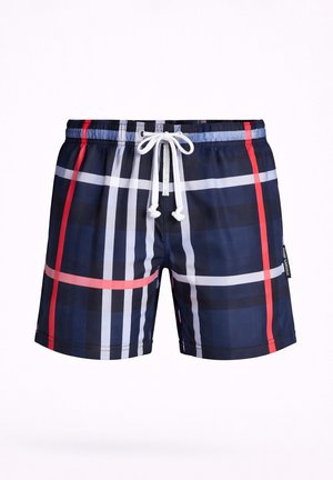 Costume da bagno corti blu navy con strisce a quadri verticali e orizzontali bianche, grigie e rosse e coulisse bianca in vita elastica.