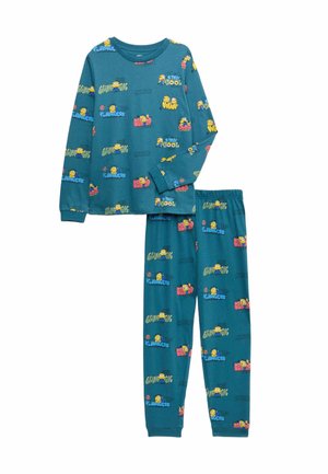 Ensemble composé d'un haut à manches longues et d'un pantalon bleu sarcelle avec des Minions colorés et des phrases telles que "Reste cool" et "Intrépide" imprimées partout.