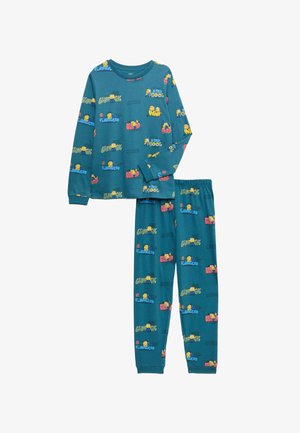Teal long-sleeve top and pants set with colorful Minions and phrases like "Stay Cool" and "Fearless" printed all over.