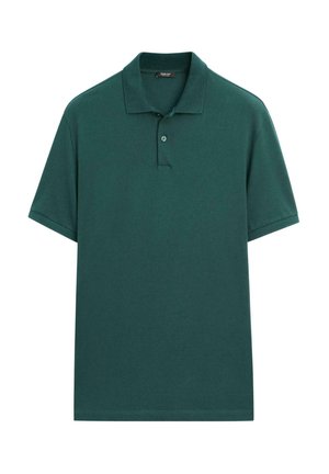 Polo a maniche corte verde scuro con colletto e due bottoni sulla pattina anteriore, esposto su uno sfondo bianco.