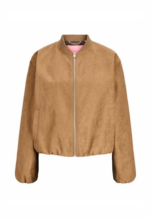 Brown suede bomber jacket with a stand collar, zip front, elasticized cuffs, and hem. Features two side pockets and a pink inner lining.