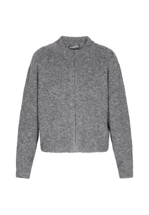 Grauer, flauschiger Strickzipper mit langen Ärmeln und kurzem Kragen, frontal auf einem weißen Hintergrund gezeigt.