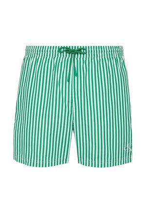 Bañador con rayas verticales verdes y blancas, cintura elástica y cordón verde, logo de Calvin Klein en la parte inferior derecha de la pierna.