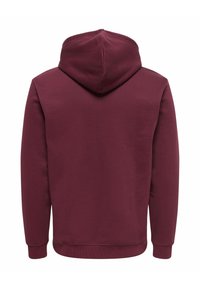 Bordeauxfarbener Hoodie mit Kordelzugkapuze, langen Ärmeln und gerippten Bündchen. Glatte Textur und einfarbig ohne sichtbare Markenlogos oder Muster.