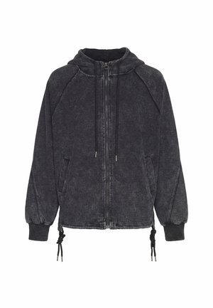 Felpa nera lavata con cappuccio e cerniera, con coulisse su cappuccio e orlo, polsini elastici e due tasche frontali.