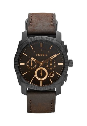 Herreur fra Fossil med sort tekstureret bezel, brun læderrem, sort urskive, guldfarvede visere, tre under-ure og datovisning kl. 4.