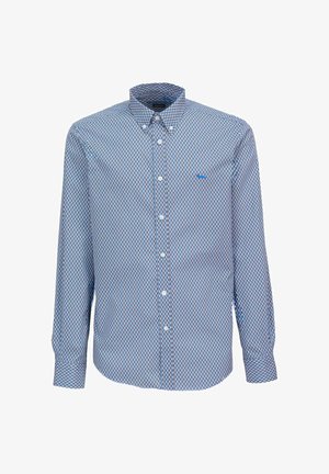 Blauw-wit overhemd met lange mouwen en een geometrisch patroon, voorzien van een button-down kraag en een blauw logo op de linkerborst.