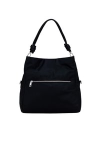 Borsa a mano nera in nylon con parte superiore arrotondata, dettagli con manici annodati, tasca frontale con zip e forma strutturata. Texture liscia in tutto il suo corpo.