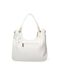 Witte leren handtas met een gestructureerd oppervlak, gouden hardware-accenten en een ritszak aan de voorkant. Gebogen, ruime vormgeving.