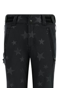 Pantalon noir avec motifs d'étoiles foncées, poches latérales zippées, fermeture à deux boutons et sangles de taille réglables avec Velcro.