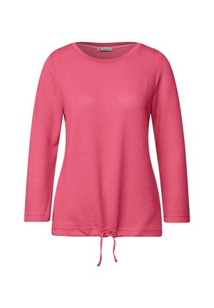 Rosa Strickpullover mit langen Ärmeln, rundem Ausschnitt und verstellbarem Kordelzugsaum.