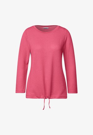 Rosa Strickpullover mit langen Ärmeln, rundem Ausschnitt und verstellbarem Kordelzugsaum.