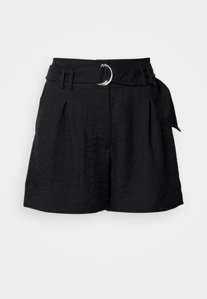 Black shorts made of textured fabric, featuring a belt with a silver circular buckle, pleats at the front, and a tailored cut.