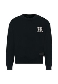 Czarny sweter z dzianiny, z okrągłym dekoltem, długimi rękawami i ściągaczami. Posiada białe haftowane logo "JR" na lewej piersi.