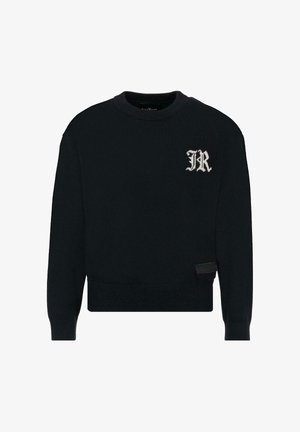 Pull en maille noir avec un col rond, des manches longues et des poignets côtelés. Présente un logo brodé blanc "JR" sur la poitrine gauche.