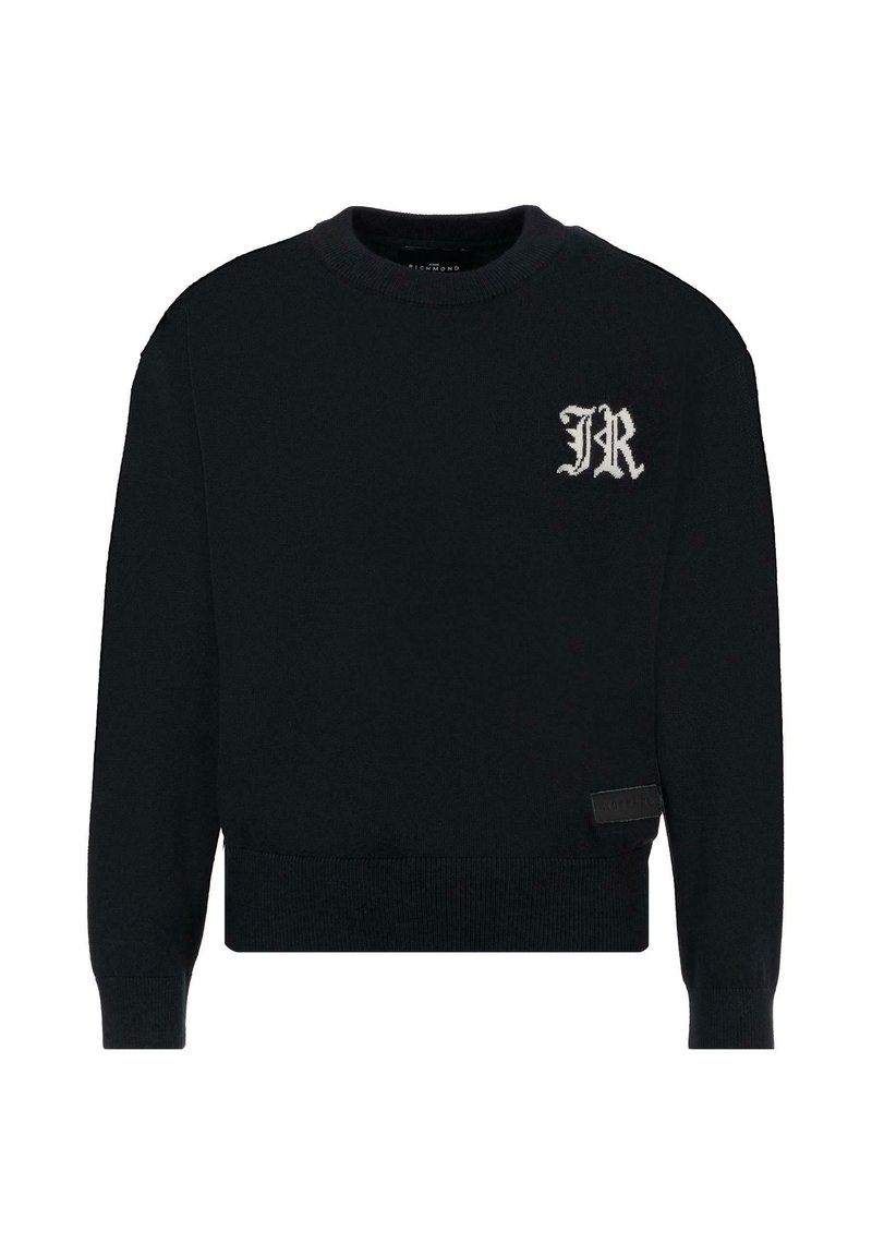 Maglione nero a maglia con scollo rotondo, maniche lunghe e polsini a coste. Presenta un logo ricamato bianco "JR" sul lato sinistro del petto.