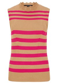 Haut sans manches beige côtelé avec des rayures horizontales roses et crème. Doté d'un col à volants. Tissu texturé avec élasticité.