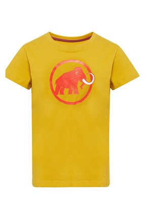 T-shirt di cotone gialla con un grafico di un mammut rosso all'interno di un design circolare. Maniche corte e collo tondo. Texture liscia.