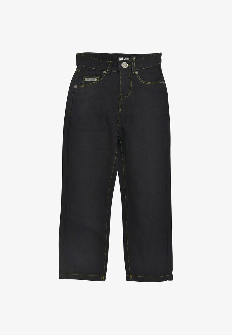 Schwarze Jeanshose mit kontrastierenden gelben Nähten, vier Taschen, einem Knopfverschluss und einem geraden Schnitt.