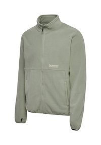 Lichtgroene fleecejas met volledige ritssluiting aan de voorkant, hoge kraag, zijzakken, elastische manchetten en klein wit hummel-logo op de borst.