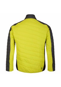 Gelbe gesteppte Jacke mit dunkelgrauen Seitenpaneelen, ausgestattet mit einem Stehkragen und einem schlanken, körperbetonten Design. Leichtgewichtig, mit strukturiertem Stoff.