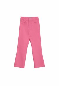 Roze flared broeken met een gladde textuur, voorzien van twee achterzakken en een hoge taille. Schone, op maat gemaakte lijnen verbeteren de totale silhouet.