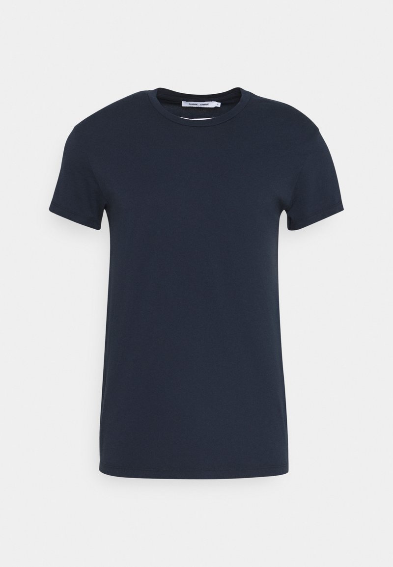 Marineblaues Crew-Neck T-Shirt. Kurze Ärmel, glatte Textur und reguläre Passform. Keine sichtbaren Logos oder Muster. Einfaches und klassisches Design.