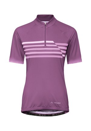Lila Radtrikot mit kurzen Ärmeln, vorne mit Reißverschluss und hellrosa horizontalen Streifen über der Brust, Vaude-Logo nahe dem Saum.