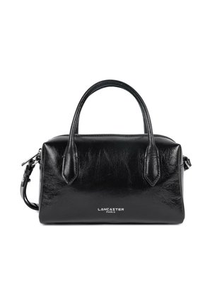 Sac à main en cuir noir brillant avec des poignées arrondies, une bandoulière amovible et le logo Lancaster Paris au centre à l'avant.