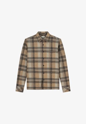 Pika-särgid, millel on pruun ja beež ruuduline muster, nupuga ette ja traditsiooniline krae. Valmistatud tekstuurilisest kangast.