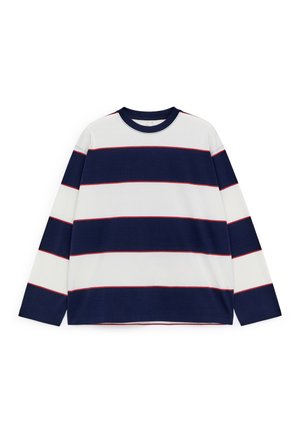 Langarm gestreept shirt met horizontale marineblauwe, witte en rode strepen, ronde halslijn en zachte stof. Regular fit met gestikte zoom.
