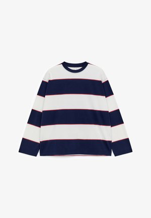 Langarm gestreept shirt met horizontale marineblauwe, witte en rode strepen, ronde halslijn en zachte stof. Regular fit met gestikte zoom.