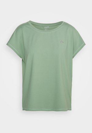 Lysegrøn t-shirt med korte ærmer, rund halsudskæring og lille diskret logo på øverste venstre bryst, vist på ensfarvet baggrund.