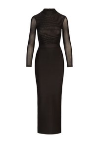 Robe noire avec une silhouette ajustée, des manches longues en tissu transparent, un col montant et un corsage supérieur translucide contrastant avec une texture subtile.